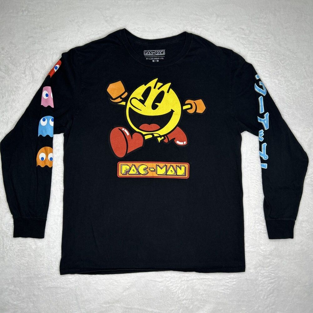 Pac-Man Black Graphic Print Long Sleeve T Shirt Men’s Medium Retro Gaming